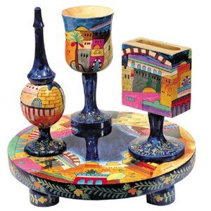 Judaica Yair Emanuel Hand Painted 4-Piece Wood Havdalah Set